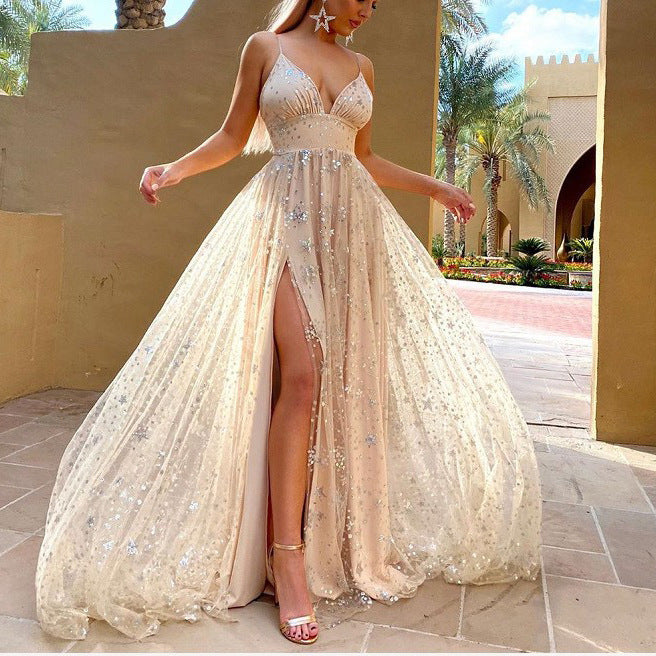 Damen Funkelndes Chiffon Abendkleid mit tiefem Schlitz und transparentem Rock