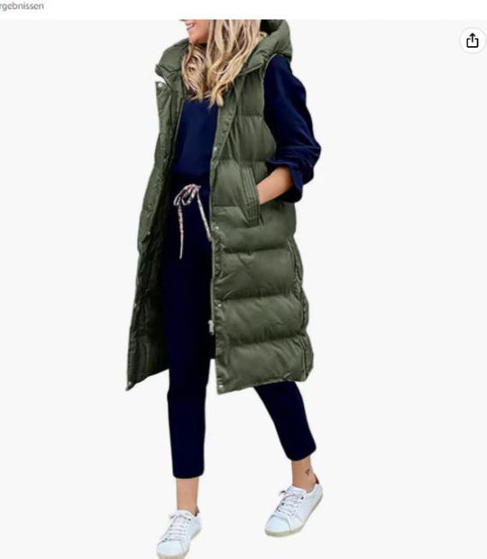 Damen Lange Steppweste mit Kapuze und seitlichen Taschen