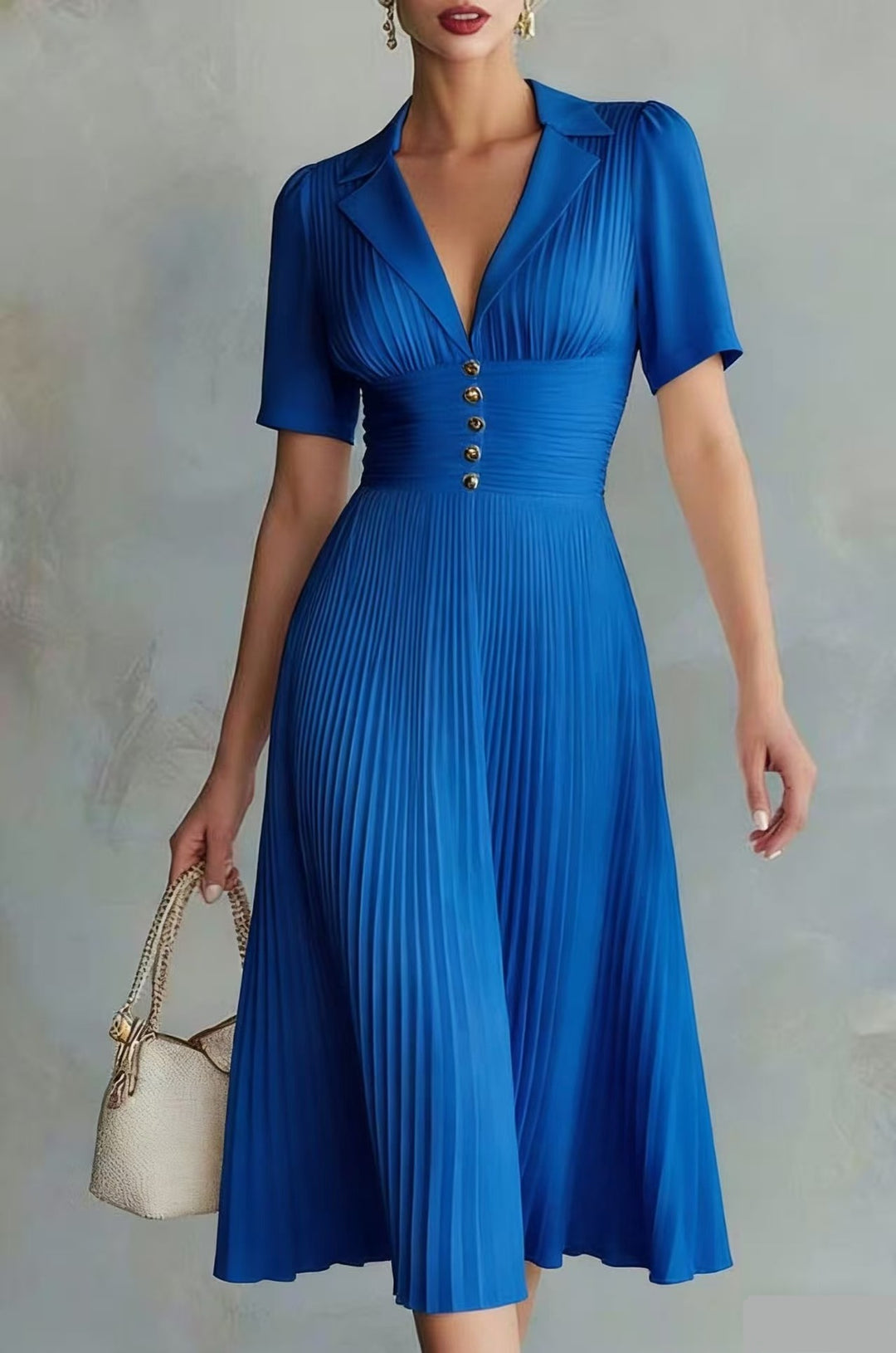 Damen Plissiertes Midikleid mit Reverskragen, tailliertem Raffung-Bund und Zierknöpfen Shop Nory