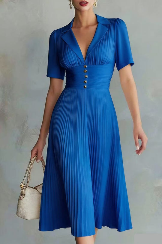 Damen Plissiertes Midikleid mit Reverskragen, tailliertem Raffung-Bund und Zierknöpfen Shop Nory