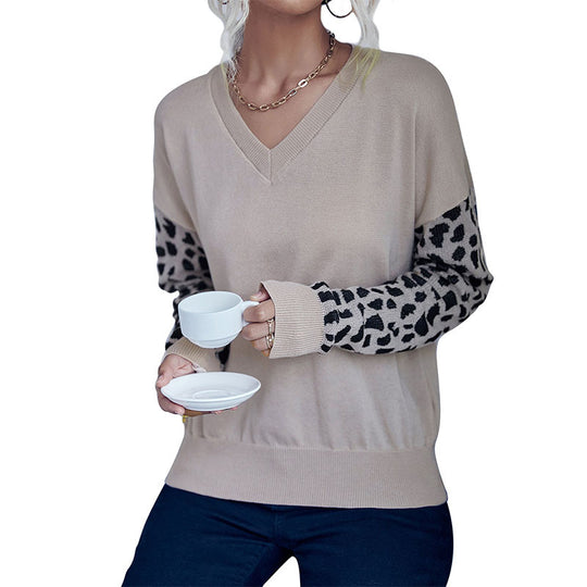 Damen V‑Ausschnitt-Feinstrickpullover mit Animal-Motivärmeln und elastischem Saum Shop Nory
