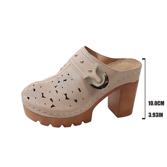 Damen Plateau-Clogs mit floralem Perforationsmuster, dekorativer Metallschnalle und hohem Blockabsatz Shop Nory