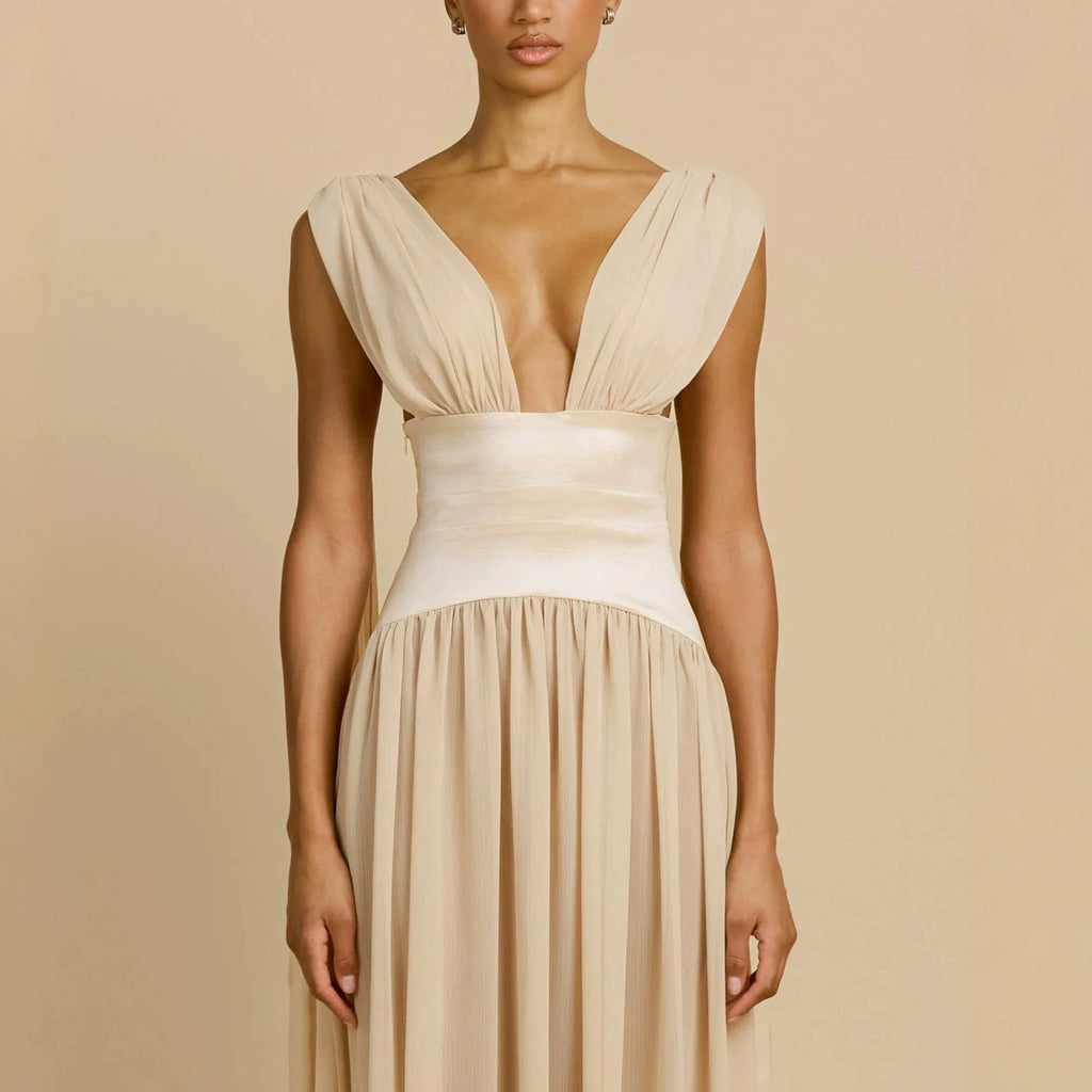 Damen Elegantes Langarm-Maxikleid mit tiefem V-Ausschnitt