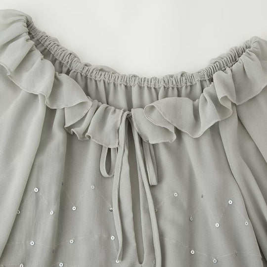 Damen Chiffon-Minikleid mit Rüschenkragen, Ballonärmeln und Paillettenbesatz Shop Nory