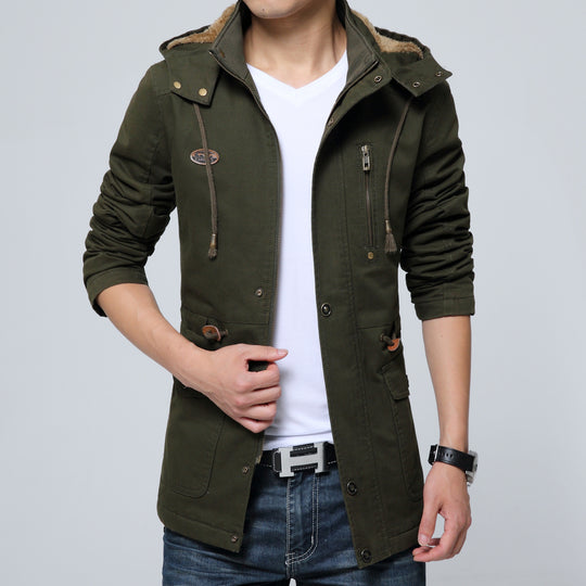 Herren leichter Utility-Parka mit Kapuze, Teddyfutter im Kragen und vertikaler Reißverschlusstasche Shop Nory