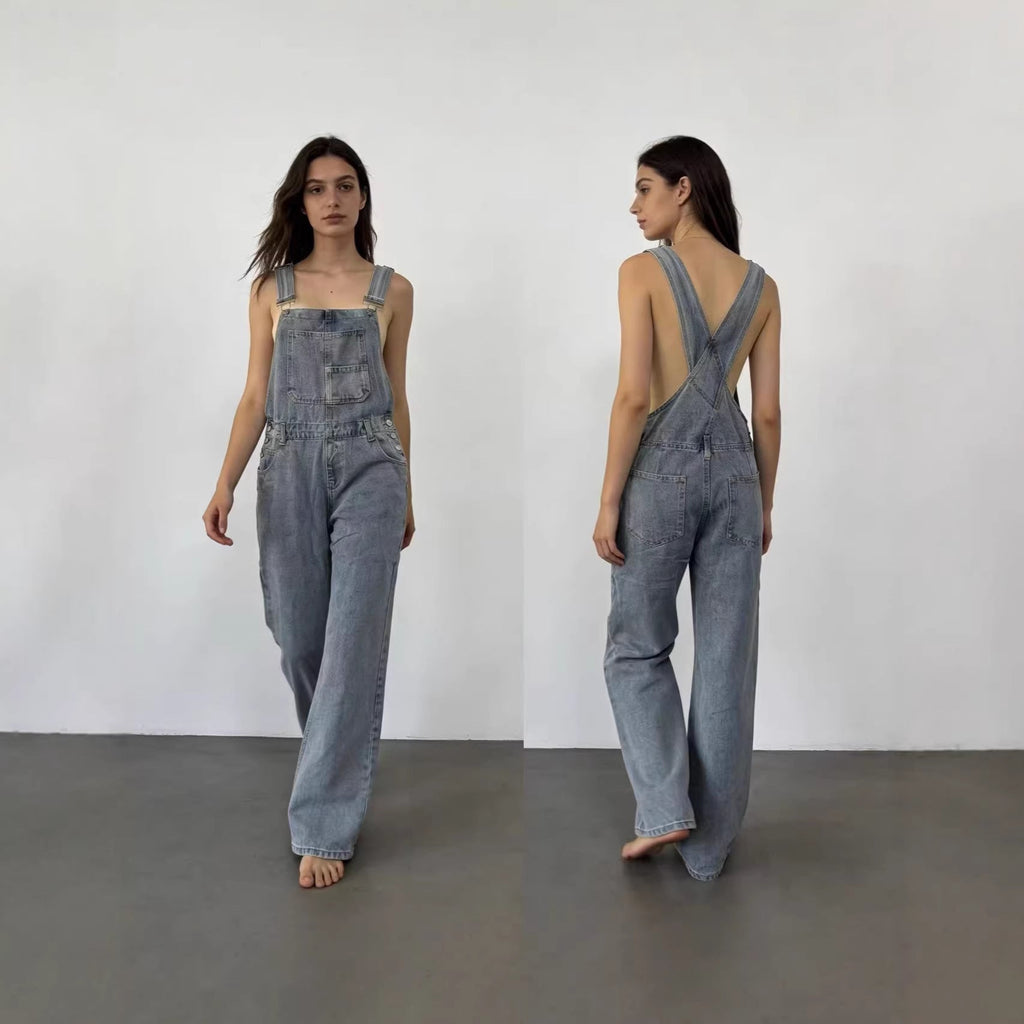 Damen Jeans Latzhose mit weitem Bein und tiefem Rückenausschnitt