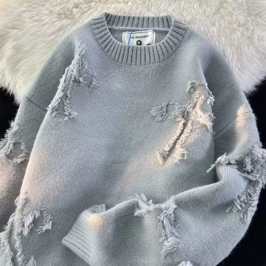 Unisex Oversized Strickpullover mit Destroy-Details und Rundhalsausschnitt Shop Nory