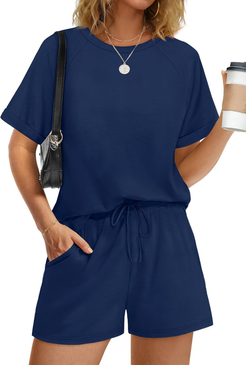 Damen lässiger Kombi aus T-Shirt und Shorts mit elastischem Bund
