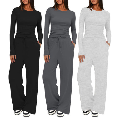 Damen Bequemes Lounge-Set mit langärmligem Oberteil und weit geschnittenen Hosen Shopnory