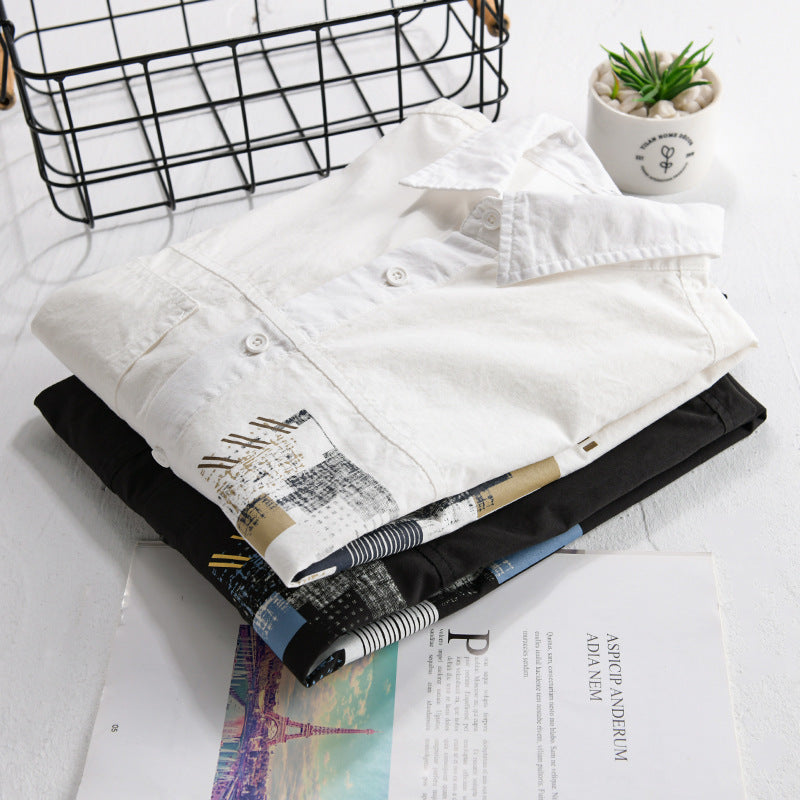 Herren Leichtes Baumwoll-Canvas-Overshirt mit abstraktem Frontprint und Doppelbrusttasche Shop Nory