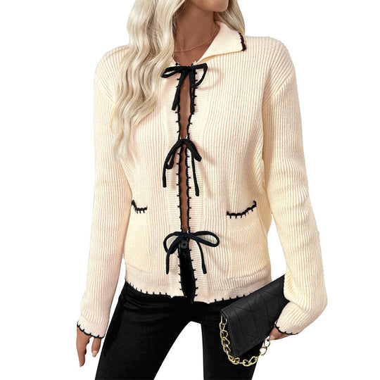 Damen Feinstrick-Cardigan mit dekorativem Bändchenverschluss und Kontrastkanten Shop Nory