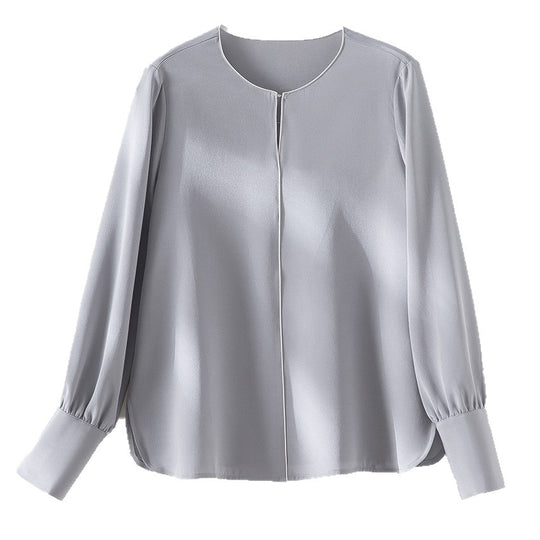 Damen Elegante seidenähnliche Bluse mit Kontrastpaspel und verlängerten Manschetten Shop Nory