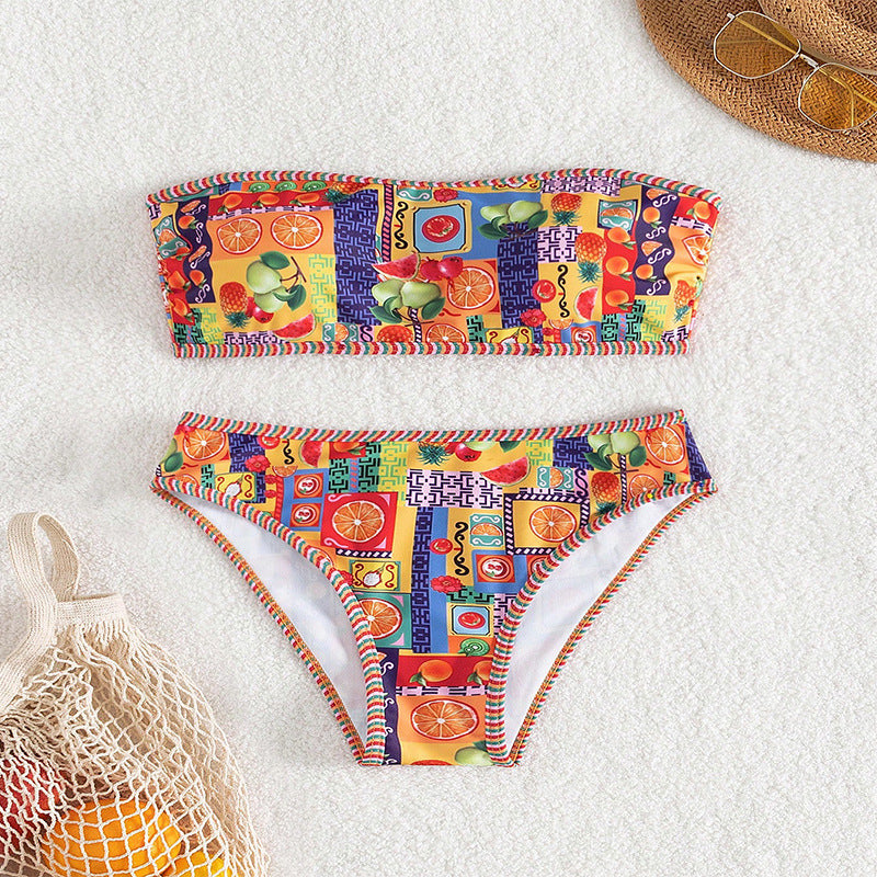 Damen Bandeau-Bikini mit fröhlichem Fruchtmuster