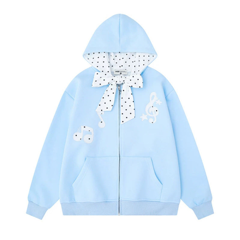 Damen Kapuzensweatjacke mit gepünktetem Kapuzenfutter, dekorativer Schleife und Notenmotiv Shop Nory
