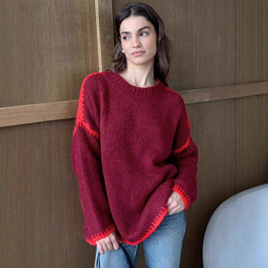 Damen kuscheliger Strickpullover mit kontrastierenden Akzentdetails
