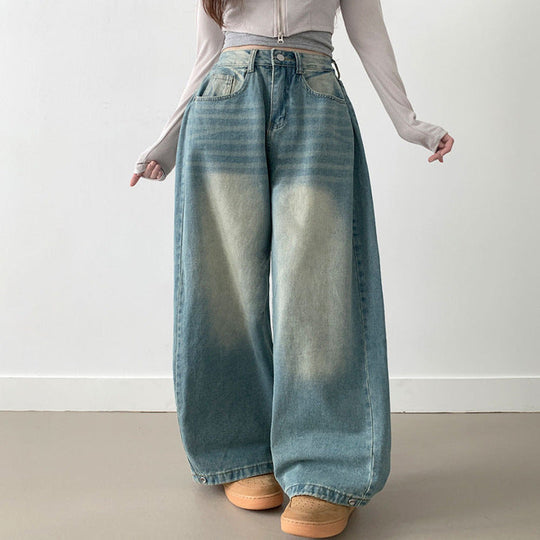 Damen Weite High-Waist Denim-Hose mit Faltenwurf