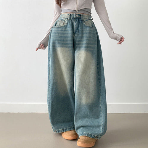 Damen Weite High-Waist Denim-Hose mit Faltenwurf