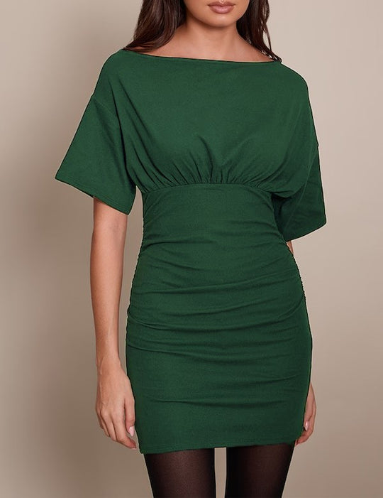 Damen Figurnahes Mini-Kleid mit U‑Boot‑Ausschnitt, Taillenraffung und Fledermausärmeln Shop Nory