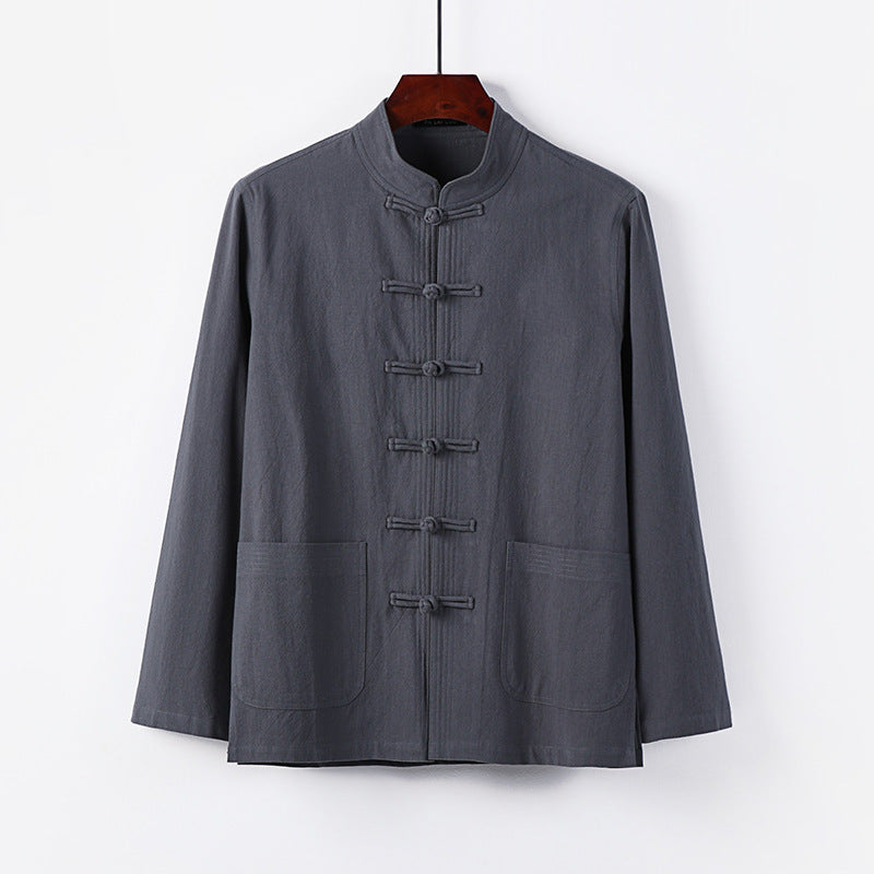 Herren traditionelle Tang-Jacke mit Stehkragen und Knotenknöpfen aus Leinenmischung Shop Nory