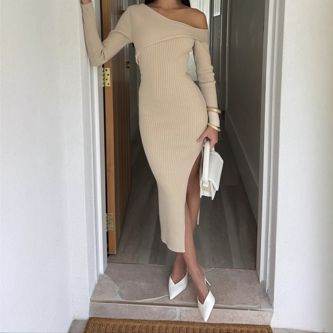 Damen nan eng anliegendes One-Shoulder-Rippenkleid mit asymmetrischem Ausschnitt und figurbetonter Midi-Silhouette Shop Nory