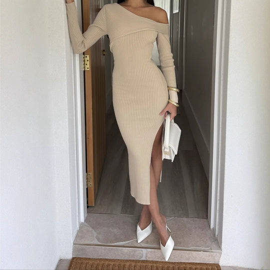 Damen nan eng anliegendes One-Shoulder-Rippenkleid mit asymmetrischem Ausschnitt und figurbetonter Midi-Silhouette Shop Nory