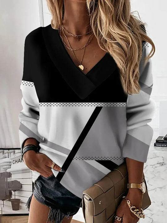 Damen Colorblock V-Ausschnitt Sweatshirt mit grafischem Print Shop Nory