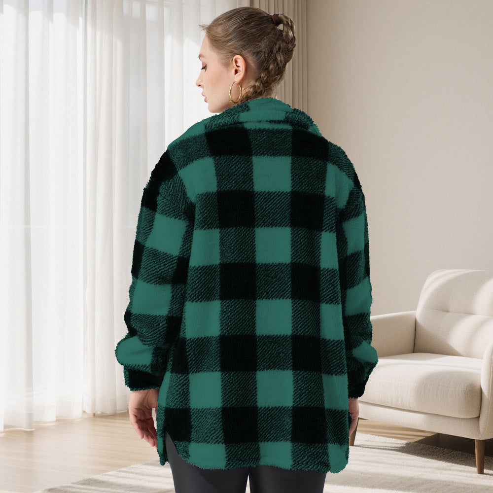Damen Oversized Teddy-Hemdjacke mit Karomuster Shopy Nory