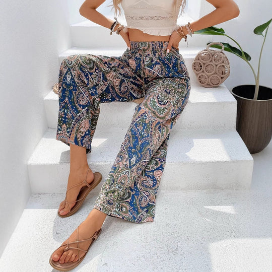 Damen Palazzo-Hose mit weitem Bein, elastischem Smockbund und Paisley-Print Shop Nory