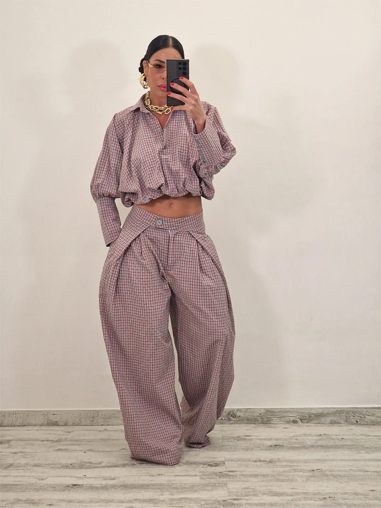 Damen Zweiteiliges kariertes Set mit Cropped Oversize-Hemd und weiter Bundfaltenhose Shop Nory