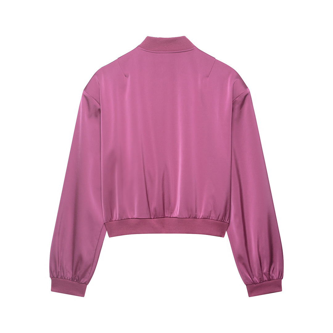 Damen gekürzte Satin-Bomberjacke mit Rippsaum und aufgesetzten Pattentaschen Shop Nory