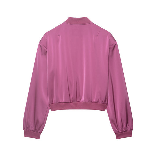 Damen gekürzte Satin-Bomberjacke mit Rippsaum und aufgesetzten Pattentaschen Shop Nory