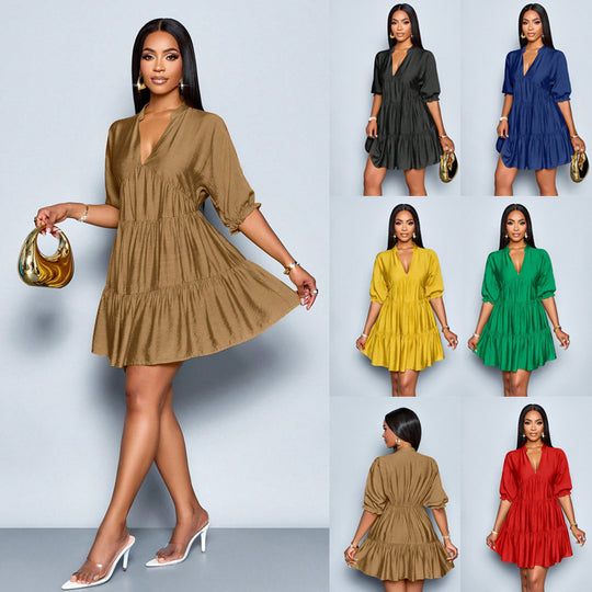 Damen Stufiges Mini‑Kleid mit V‑Ausschnitt und gerafften Dreiviertelärmeln Shop Nory