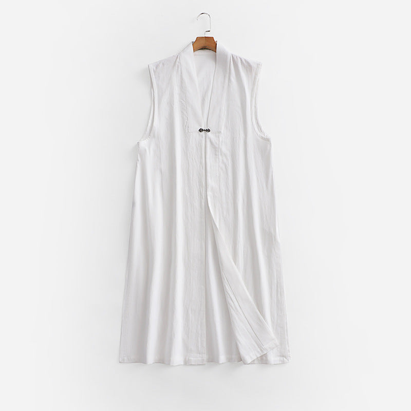 Damen Langer ärmelloser Kimono-Weste aus Leinenmix mit schmaler Schalkante und dekorativem Knebelverschluss Shop Nory