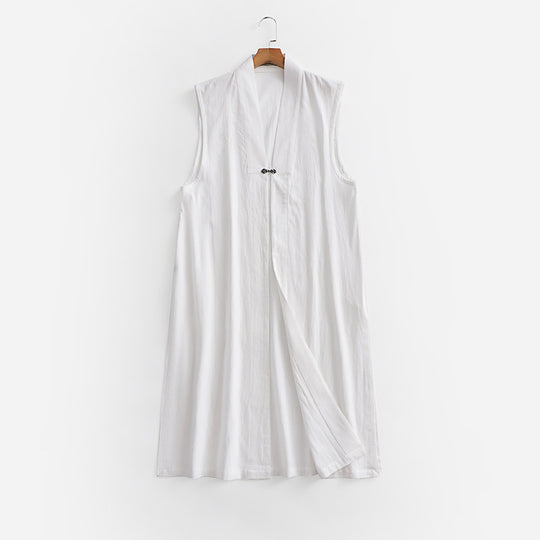 Damen Langer ärmelloser Kimono-Weste aus Leinenmix mit schmaler Schalkante und dekorativem Knebelverschluss Shop Nory