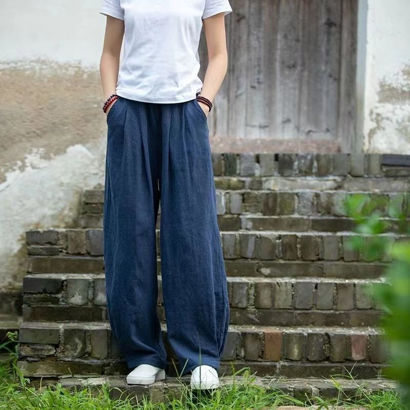 Damen weite Leinenhose mit elastischem Bund und seitlichen Taschen
