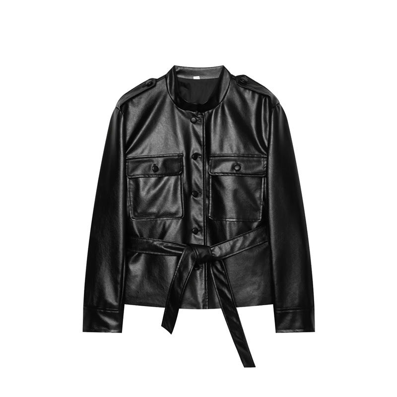 Damen Taillierter Kunstleder-Safari-Blouson mit Bindegürtel und Pattentaschen Shop Nory