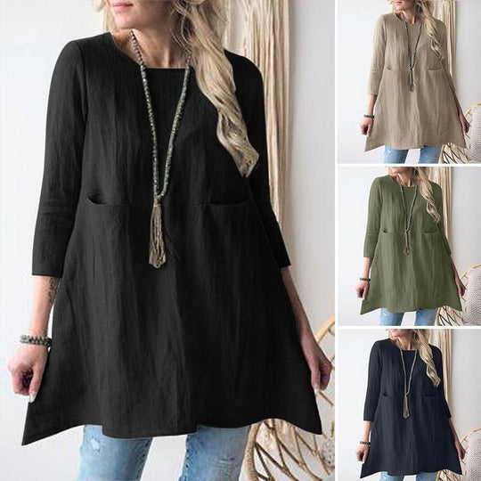 Damen Lässige A-Linien Tunika mit 3/4-Ärmeln und Eingrifftaschen Shop Nory