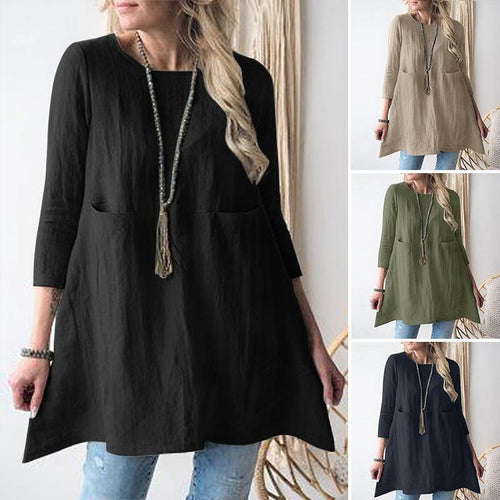 Damen Lässige A-Linien Tunika mit 3/4-Ärmeln und Eingrifftaschen Shop Nory