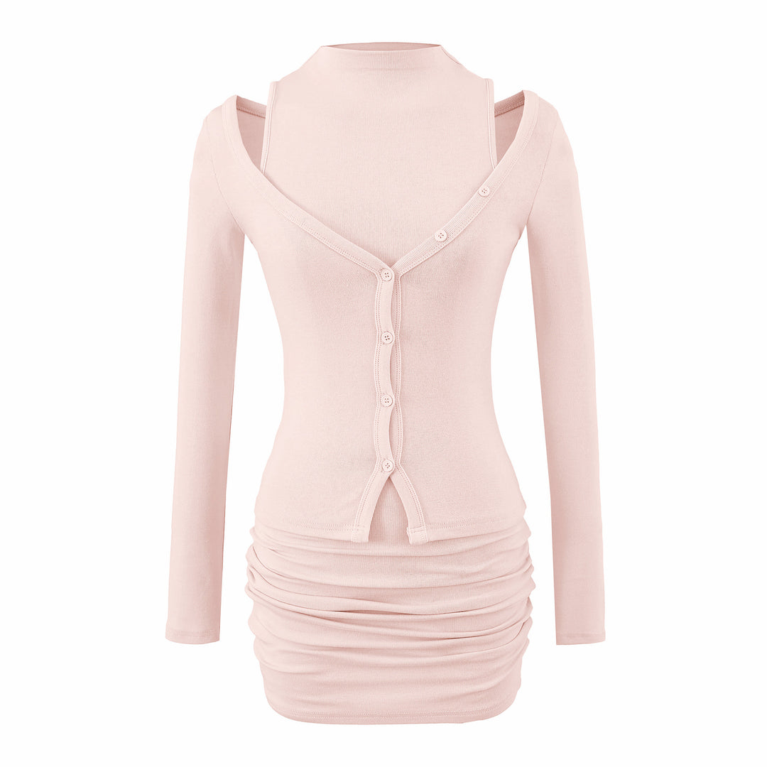 Damen Zweiteiliges Strick-Set mit integrierter Highneck-Weste und asymmetrischer Knopf-Cardigan Shop Nory