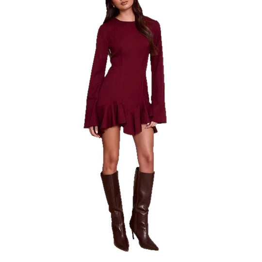 Damen Figurbetontes Langarm-Minikleid mit taillierten Nähten und Volant-Saum Shop Nory