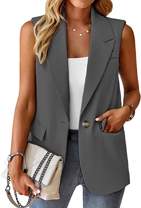 Damen Ärmellose Longline-Blazerweste mit Reverskragen, Single-Button und Pattentaschen Shop Nory