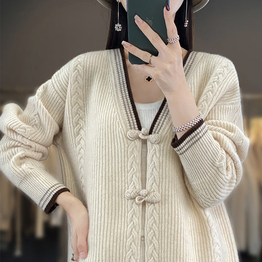 Damen Strickcardigan mit Zopfmuster und dekorativen Knotenverschlüssen Shop Nory