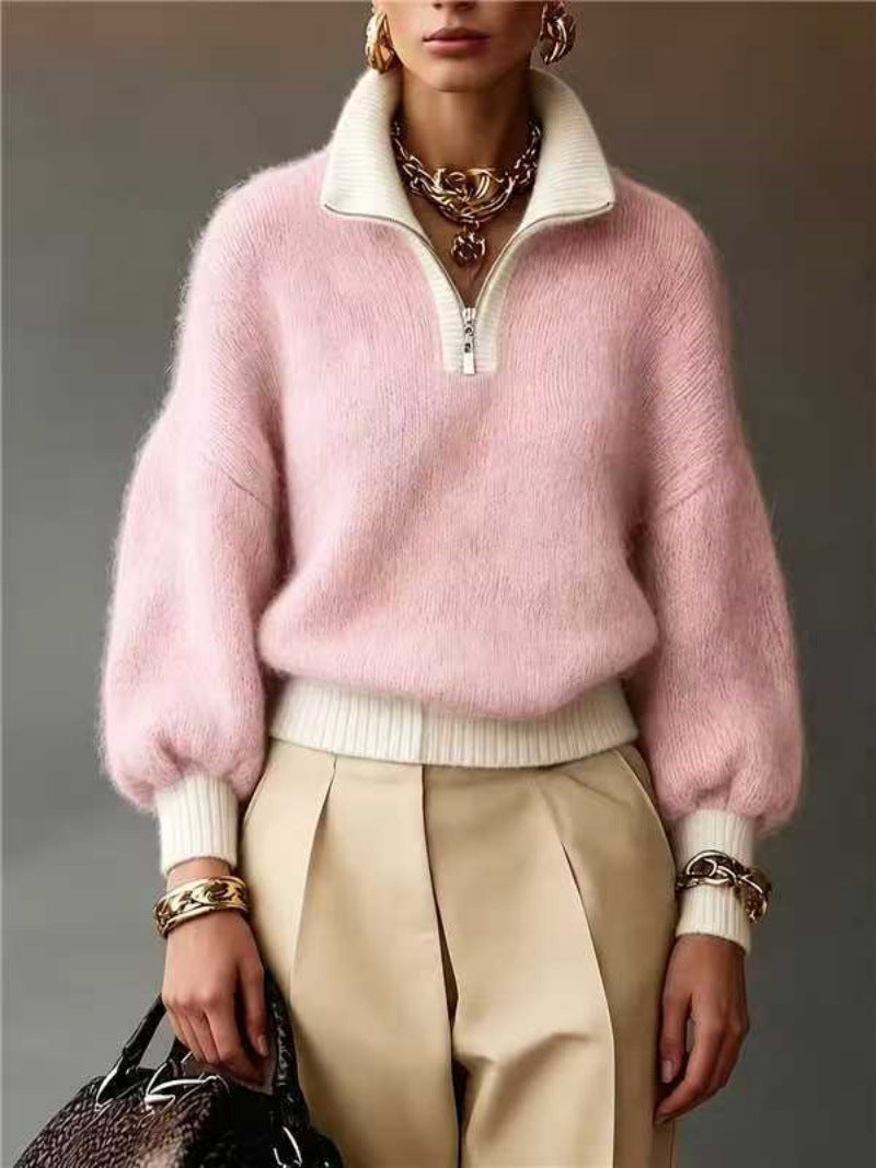 Damen Flauschiger Pullover mit halbem Reißverschluss, Stehkragen und Ballonärmeln Shop Nory