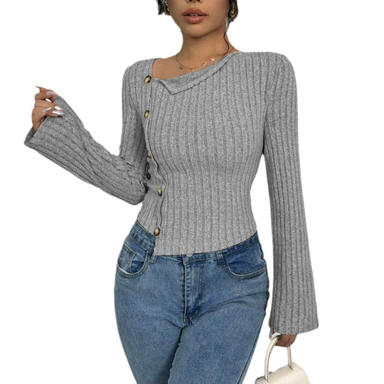 Damen asymmetrisches geripptes Strick-Top mit seitlicher Knopfleiste ausgestellten Ärmeln und taillierter Passform Shop Nory