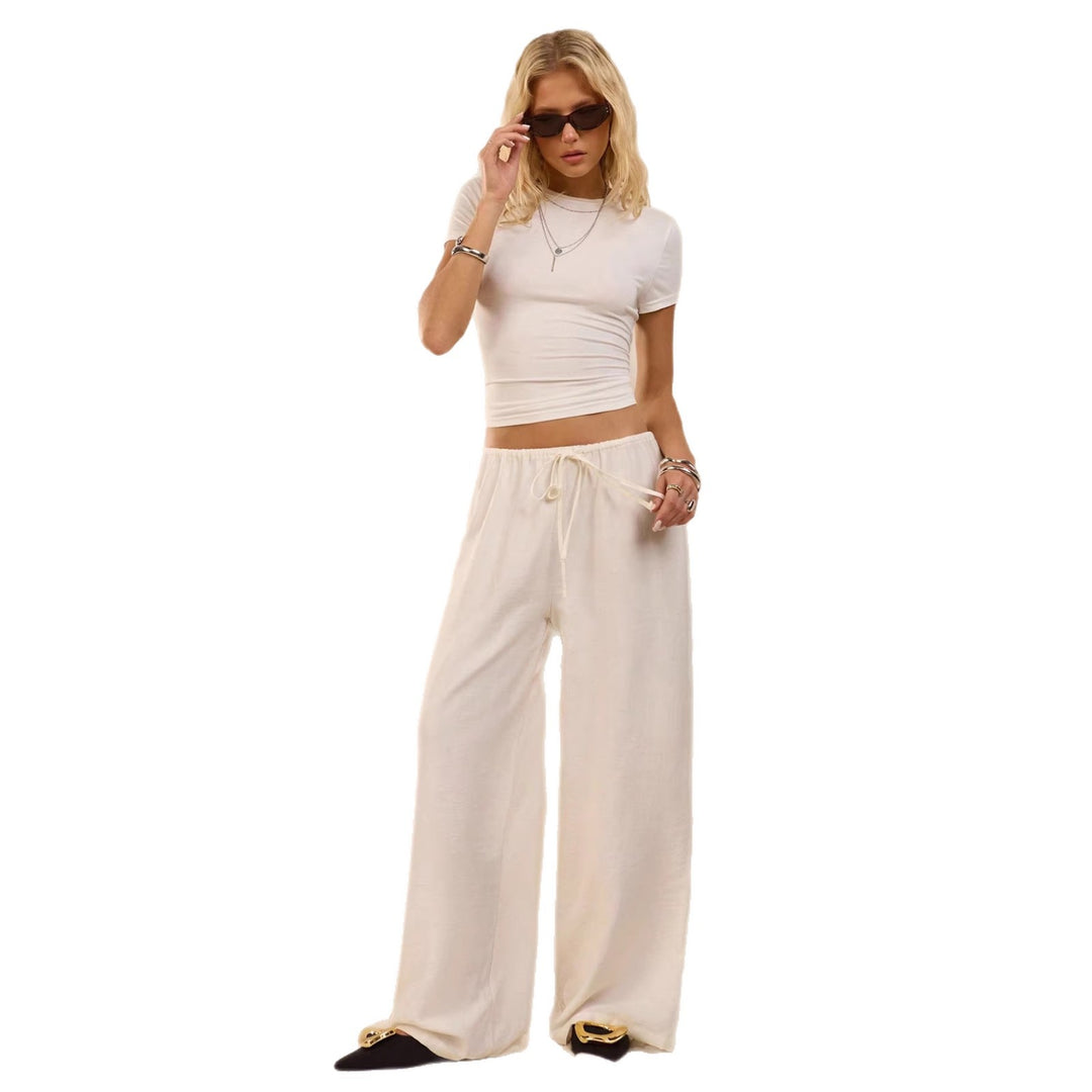Damen Weite Leinenoptik-Hose mit hohem Elastikbund und Kordelzug Shop Nory