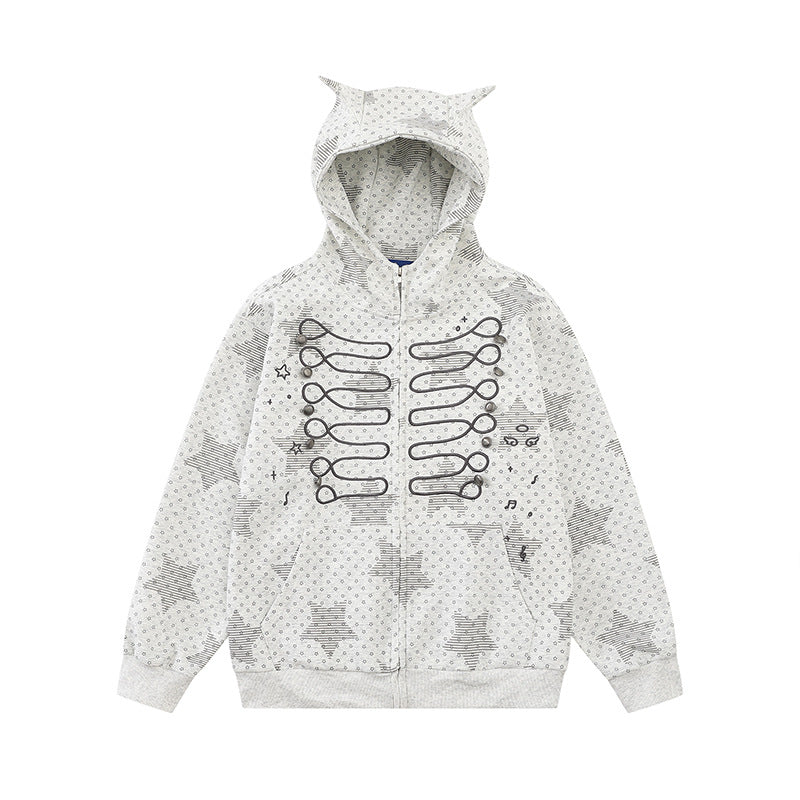 Damen Kapuzen‑Sweatjacke mit 3D‑Ohrenapplikationen, durchgehendem Reißverschluss und verspieltem Militär‑Illustrationsprint Shop Nory