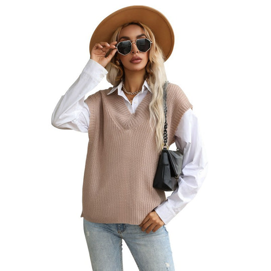 Damen Grobgestrickte Oversize-Weste mit tiefem V‑Ausschnitt und Rippsaum Shop Nory