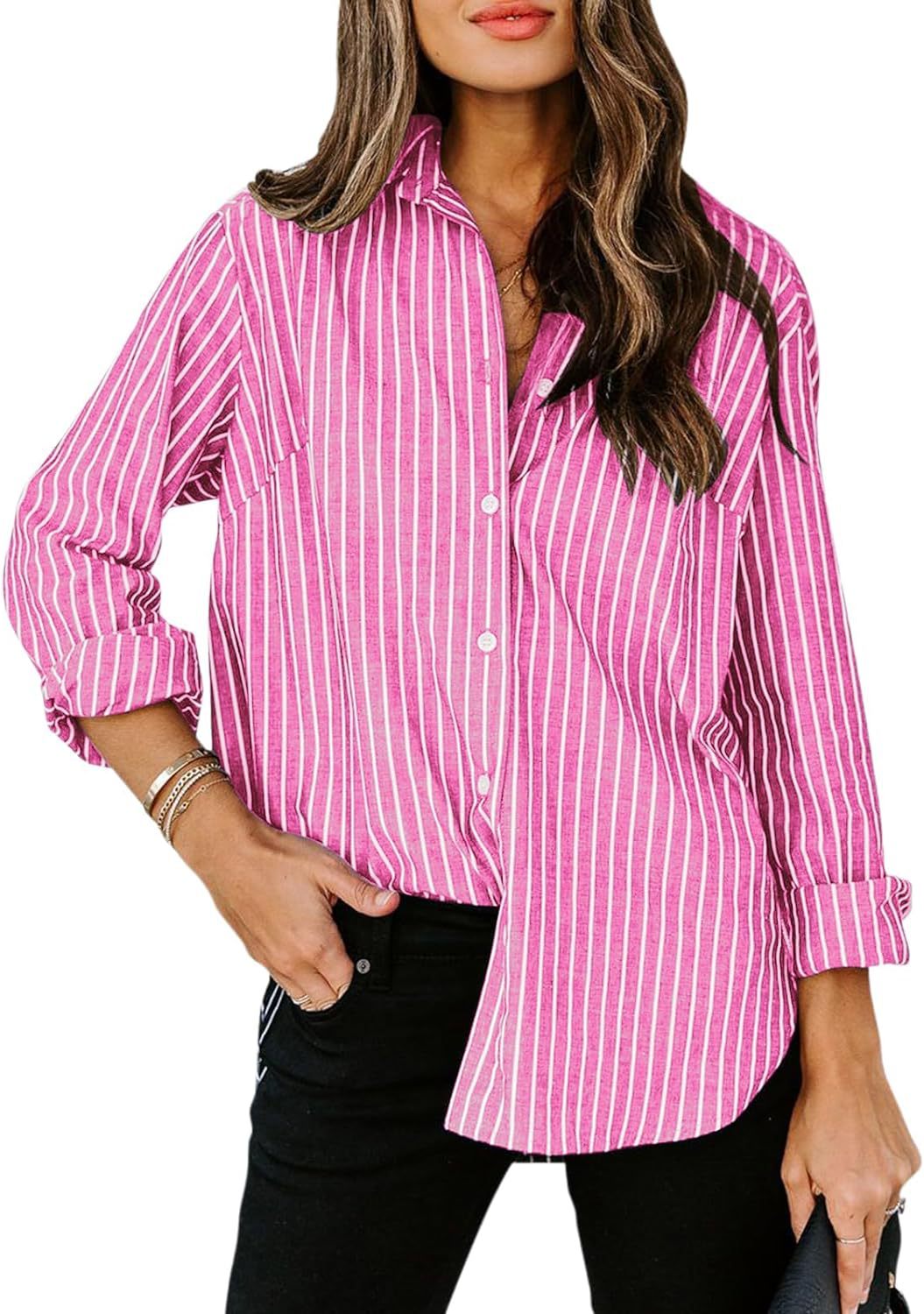 Damen gestreifte Bluse mit klassischem Kragen und lässigem Schnitt