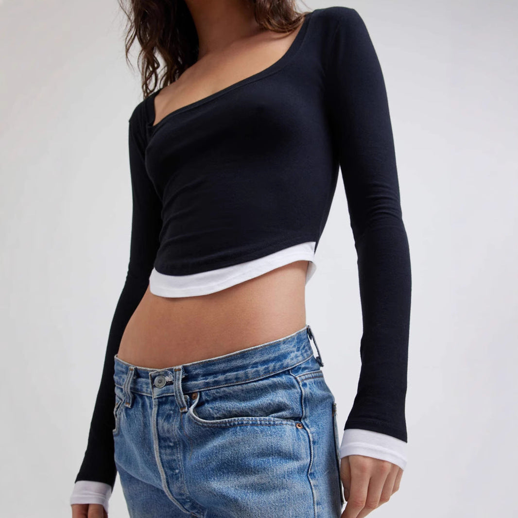 Damen Cropped-Langarmshirt mit eckigem Ausschnitt und kontrastbündchen Shop Nory