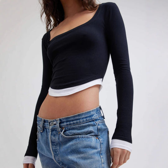Damen Cropped-Langarmshirt mit eckigem Ausschnitt und kontrastbündchen Shop Nory